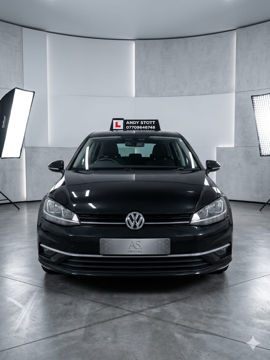 Andy Stott's manual tuition car — a black VW Golf with an Andy Stott Driver Training L-plate